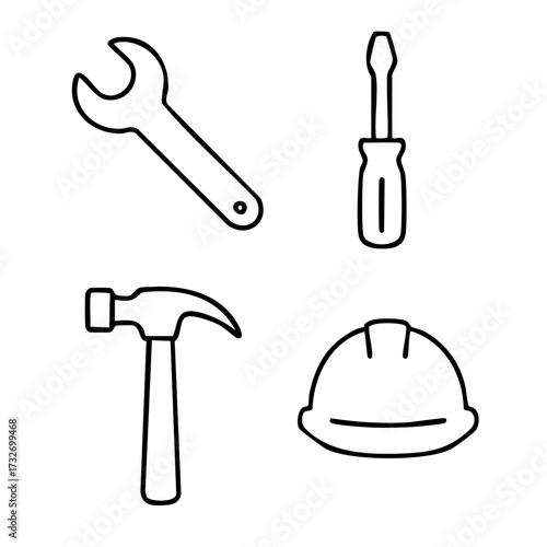 Set of four minimal line art icons depicting essential engineering tools and equipment perfect for technical diagrams and industrial design projects