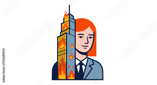 Split illustration of a businesswoman and a burning skyscraper.