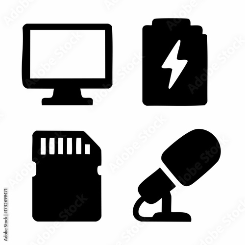 Set of four solid filled icons representing additional movie and entertainment elements for digital design projects