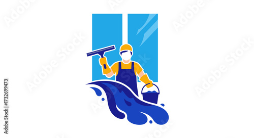 Professional window cleaner with squeegee and bucket illustration.