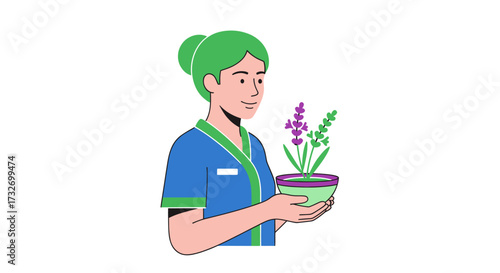 Young woman with green hair holding a potted flower.