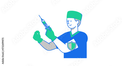 Male doctor in uniform preparing a syringe for vaccination.