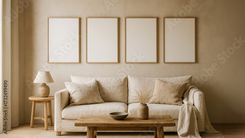 Minimalist wabi-sabi living room with neutral colors, wooden furniture, cozy sofa and empty frames for mockup design