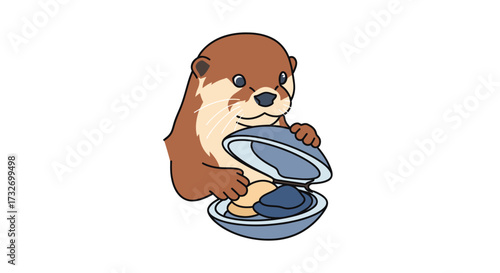 Cute cartoon otter holding an open clam shell.