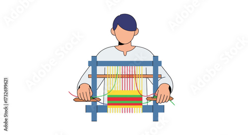 Vector illustration of a person weaving on a traditional handloom.