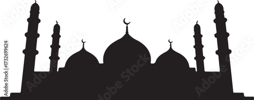 Black silhouette of a mosque with domes and minarets against a white background Islamic architecture