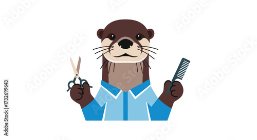 Cartoon Otter Barber Character Holding Scissors and Comb.