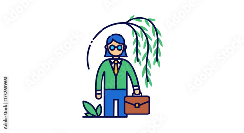Professional business person with blue hair and glasses holding a briefcase.