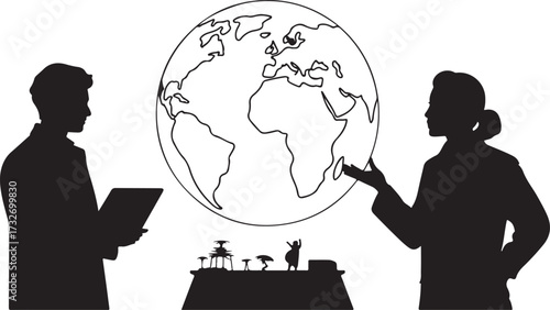 Black silhouette of two people interacting with a globe and a miniature landscape on a table earth world