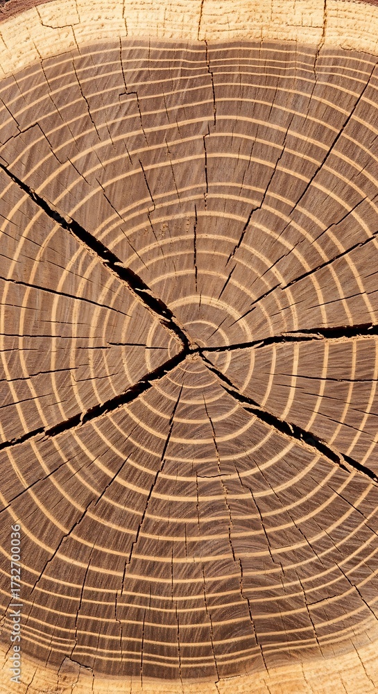Fototapeta premium Detailed close-up view of a tree trunk's cross-section, exhibiting intricate growth rings and radiating cracks, showcasing the natural beauty of aged wood.