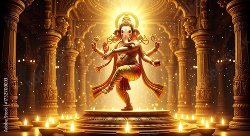 Dancing Ganesha in a Temple with Diya Lights