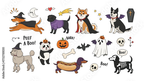 Spooky Halloween Puppies: Delightful cartoon illustrations of dogs, dressed up in Halloween costumes, exuding an atmosphere of festive fun, pumpkins, and ghostly tricks. 