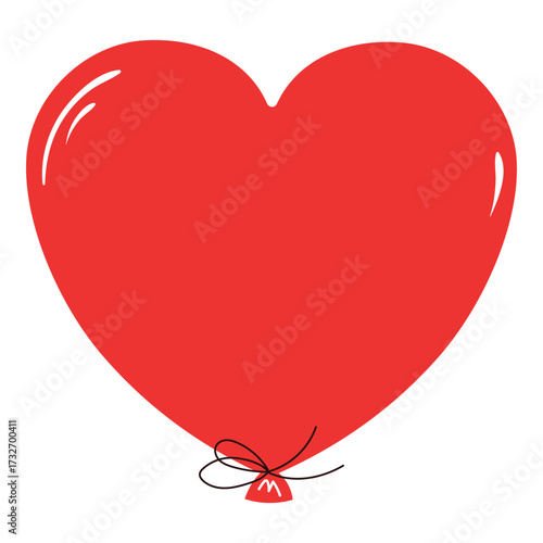 Flying heart shaped air balloon with string hand drawn illustration, isolated vector on transparent. Flat design. Birthday celebration, festival, carnival, party, anniversary clip art, element