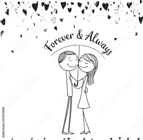 Forever & Always: An illustration of a couple under an umbrella, surrounded by hearts, perfect for expressing eternal love and commitment. 