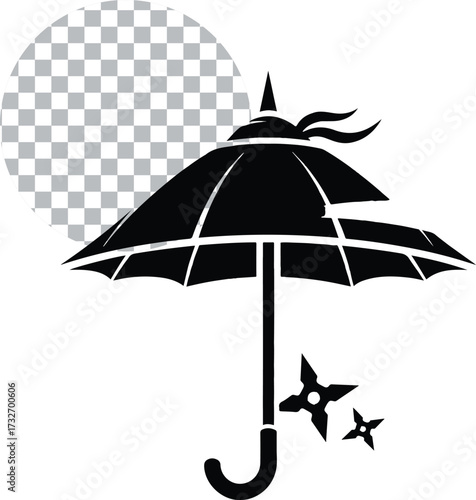 Black Ninja Umbrella Silhouette with Shuriken Stars for Japanese Warrior and Protection Branding
