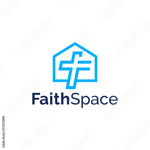 Free Download Simple modern logo with a blue cross inside a house outline symbolizing faith, community, and spiritual space. Editable Vector File - GFXLoad