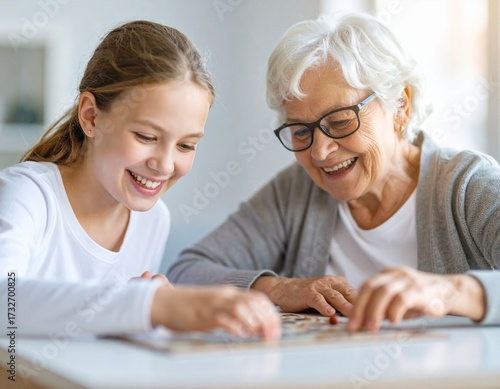 Niña y adulta mayor jugando un juego de mesa juntos, expresiones divertidas y entusiastas, ambiente cálido, estilo realista.