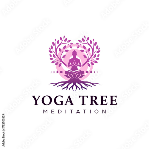 Elegant purple logo featuring a person meditating on a lotus with tree branches forming a circle symbolizing yoga, growth and mindfulness. Editable Vector File 
