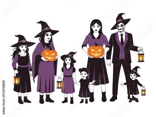 Spooky Halloween Gathering: A spectral illustration of a family, each member donned in chilling attire, holding carved pumpkins and lanterns. Perfectly captures the spooky essence of Halloween.