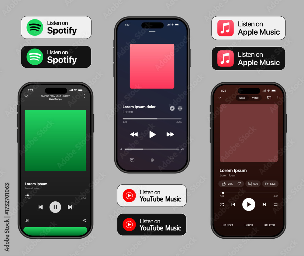 Obraz premium Spotify, YouTube Music, Apple Music streaming service mockup with playlists, album artwork, playback controls, and interactive modern audio interface