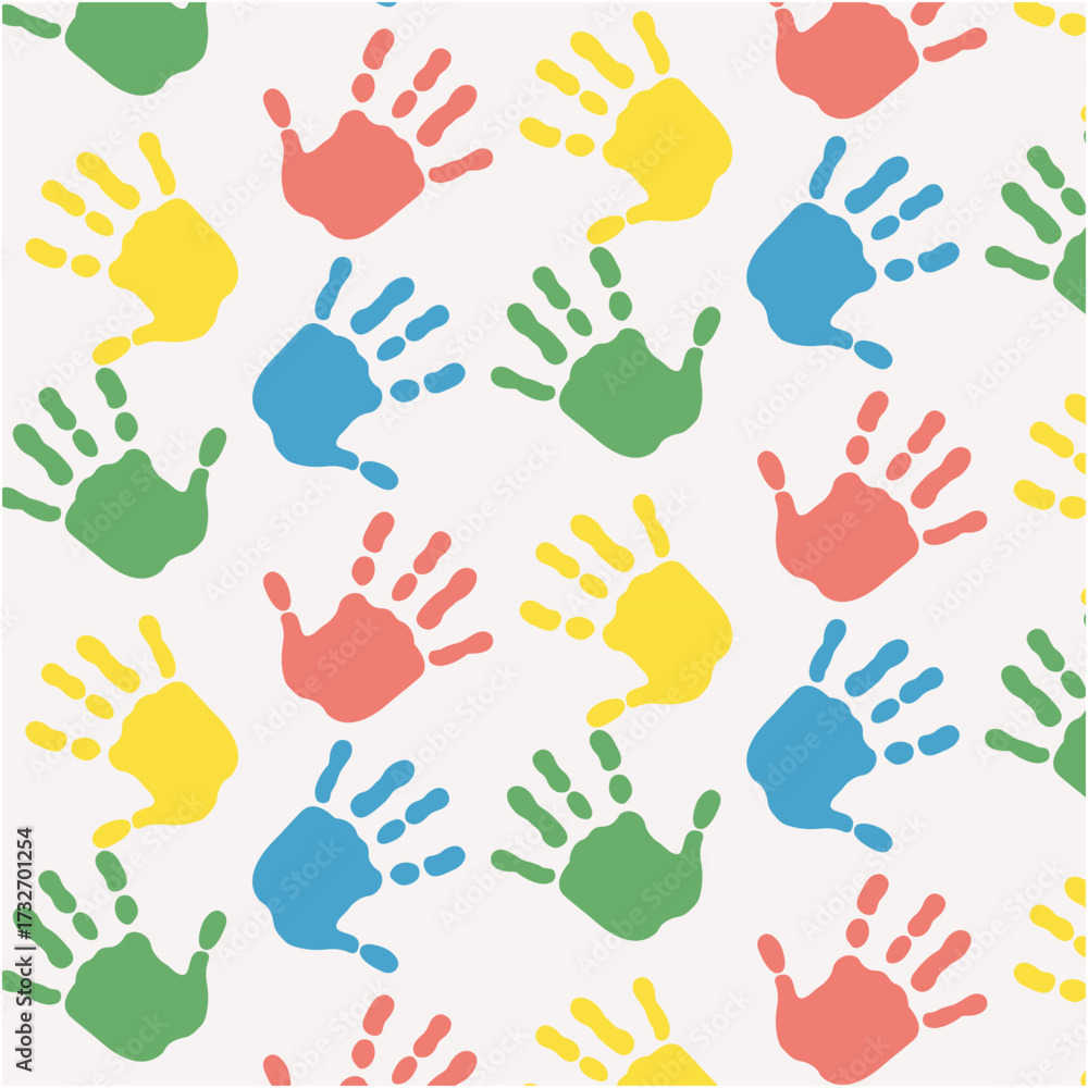 Fototapeta premium Seamless pattern of multi-colored palms, hands, friendship, pattern