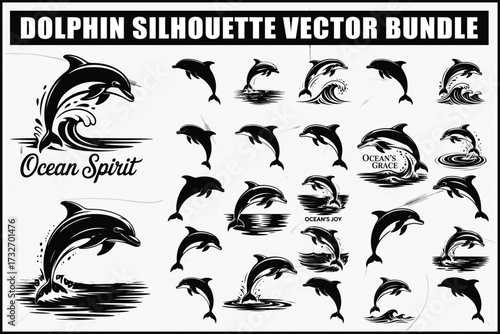 Dolphin silhouettes swimming graphic design bundle