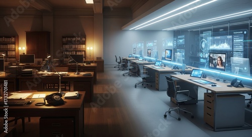Vintage retro office space merging into futuristic modern workspace with holographic screens and digital technology, concept of evolution of work environment