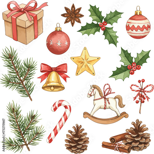 Christmas holiday ornaments gifts and festive decorations collection