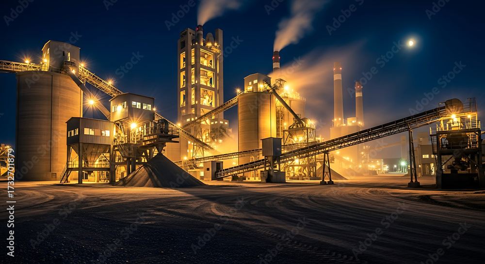 Fototapeta premium Industrial complex at night : brightly illuminated structures pierce the night sky with the moon Silos conveyor belts and chimneys visible