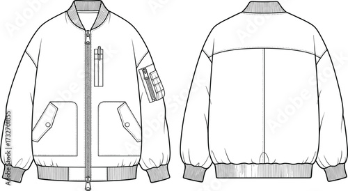 Bomber jacket technical flat sketch—front and back views—vector fashion illustration, utility pockets, outerwear design, garment construction, apparel blueprint