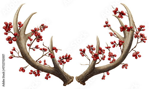 transparent background raster image of deer antlers with red berries