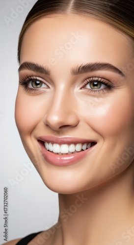 Beautiful woman portrait with perfect skin, radiant smile, white teeth, natural makeup and glowing complexion close-up
