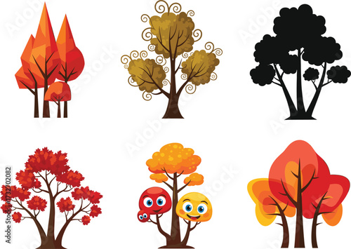 Autumn tree illustration set, whimsical foliage icons, seasonal nature graphics, cartoon trees, vector clipart, eco design, expressive art bundle