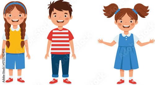 Cartoon children character illustration set, diverse outfits and hairstyles, educational clipart, vector kids, playful design, childhood graphics bundle