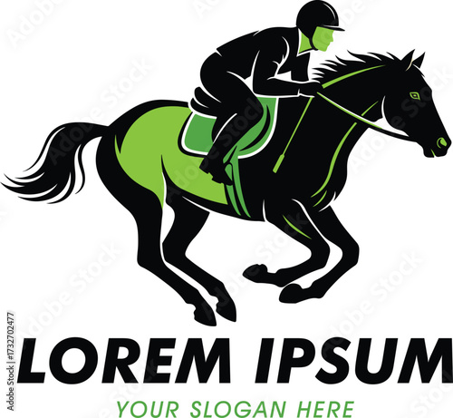 Equestrian Show Jumping Logo Illustration, Professional Horse Rider Jumping Over Hurdle, Vintage Style Sports Vector