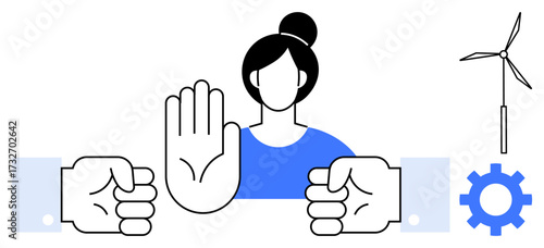 Woman raising hand in opposition with fists, wind turbine, and a gear. Ideal for activism, sustainable energy, gender equality, empowerment, environmental causes, teamwork and social responsibility