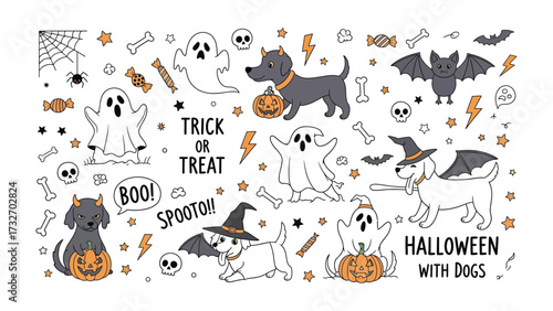 Spooky Halloween: Whimsical illustration of dogs and ghosts embracing the Halloween spirit, with delightful and fun characters, complete with playful accessories.