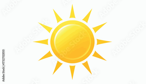 A bright yellow sun with radiating rays, isolated on a white background, representing warmth and sunshine.