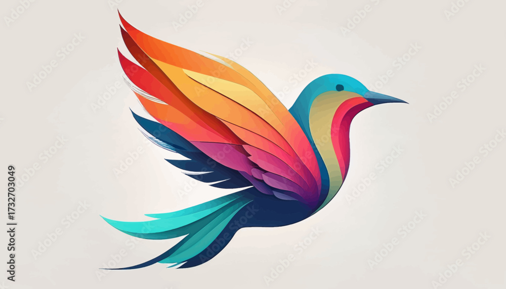 Fototapeta premium Colorful stylized bird with vibrant wings and body, depicted in mid-flight against a neutral background.