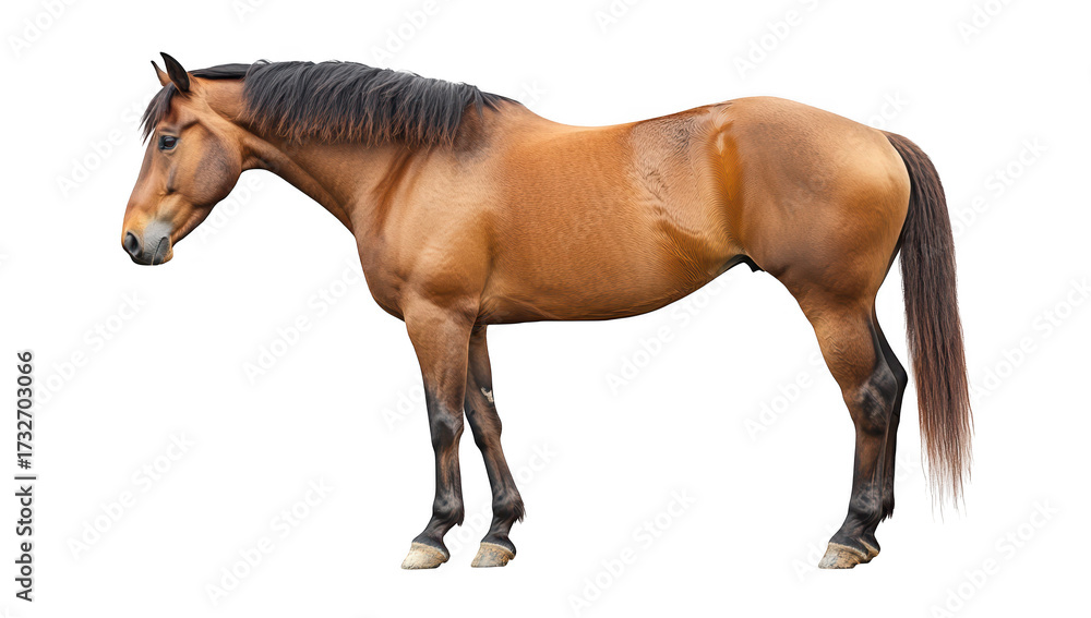 Obraz premium A majestic brown horse standing gracefully against a white background. its strong physique and smooth coat. perfect for equine-themed projects or educational materials