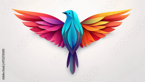 A stylized, vibrant bird with outstretched wings, rendered in a gradient of bright, layered colors, creating a sense of flight and artistic expression against a neutral background.