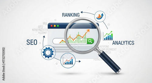 Search engine optimization and website analytics concept with magnifying glass and graph web page analysis