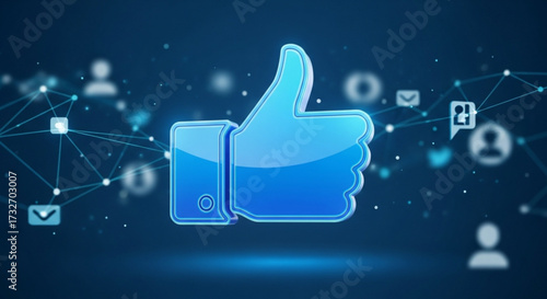 Blue thumbs up icon with social media network connections on dark blue background and glowing effect, symbolizing like and approval