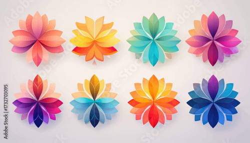Eight stylized floral designs in a row, each with layered petals in a gradient of vibrant colors, set against a white background.