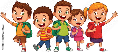 Cartoon school children illustration set, backpack character icons, educational clipart, cheerful student graphics, vector kids, classroom design bundle