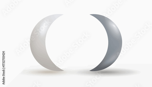 Two crescent shapes, one white and one silver, facing each other on a white background with subtle shadows.