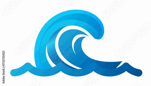 A stylized, graphic depiction of a cresting ocean wave, rendered in shades of blue.