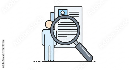 A person standing next to a resume being examined with a magnifying glass, , representing job search