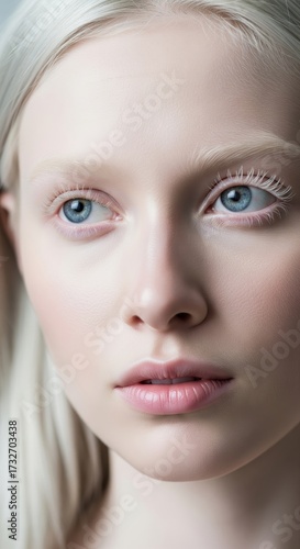 Albino beauty close-up portrait with pale skin, platinum blonde hair, light eyelashes, blue eyes, natural makeup, delicate features, minimalism and unique human diversity representation