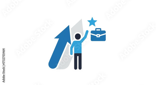 A person reaching for a star next to an upward arrow and a briefcase symbolizes career growth and success